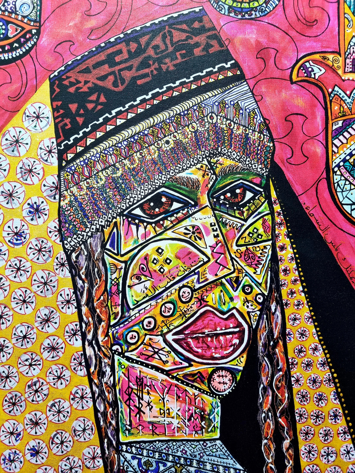 Qadira detail: her patterned headdress and braid against a gold panel of white floral medallions
