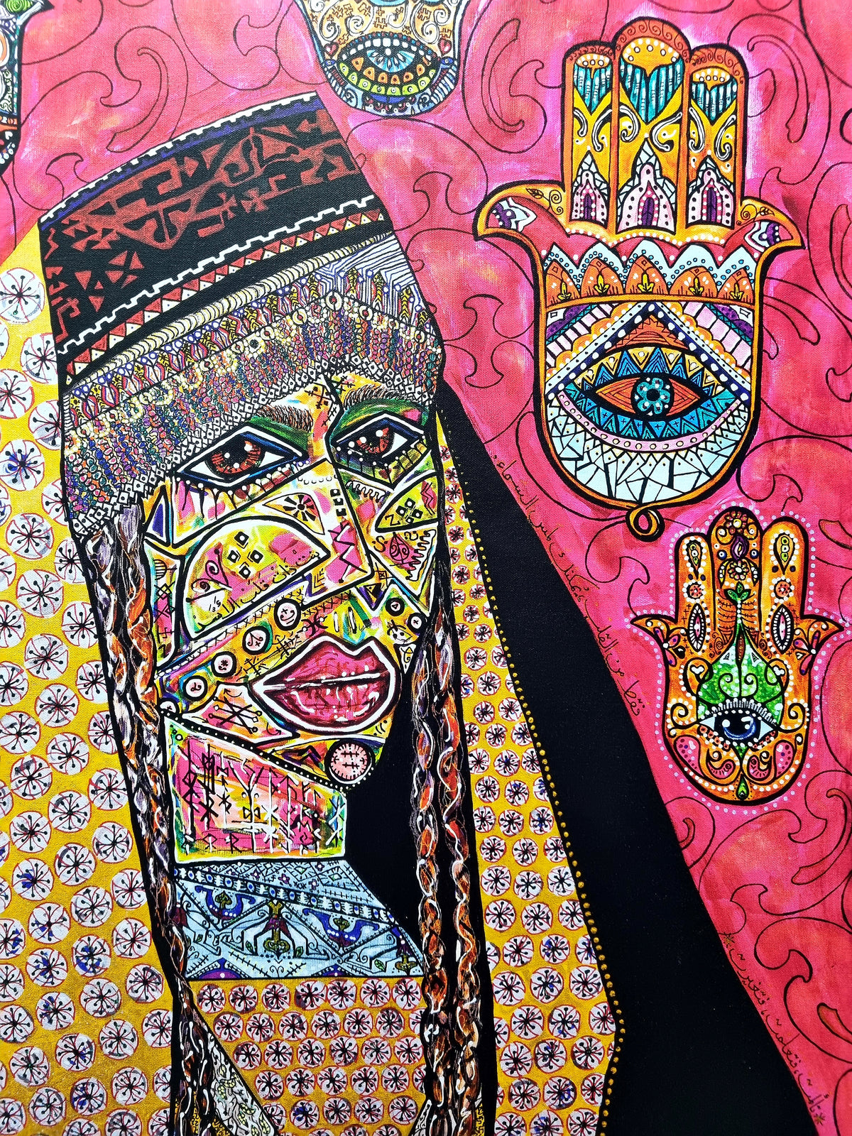 Qadira limited edition print detail: her face and braid beside two hamsa hands, each with an eye at its centre