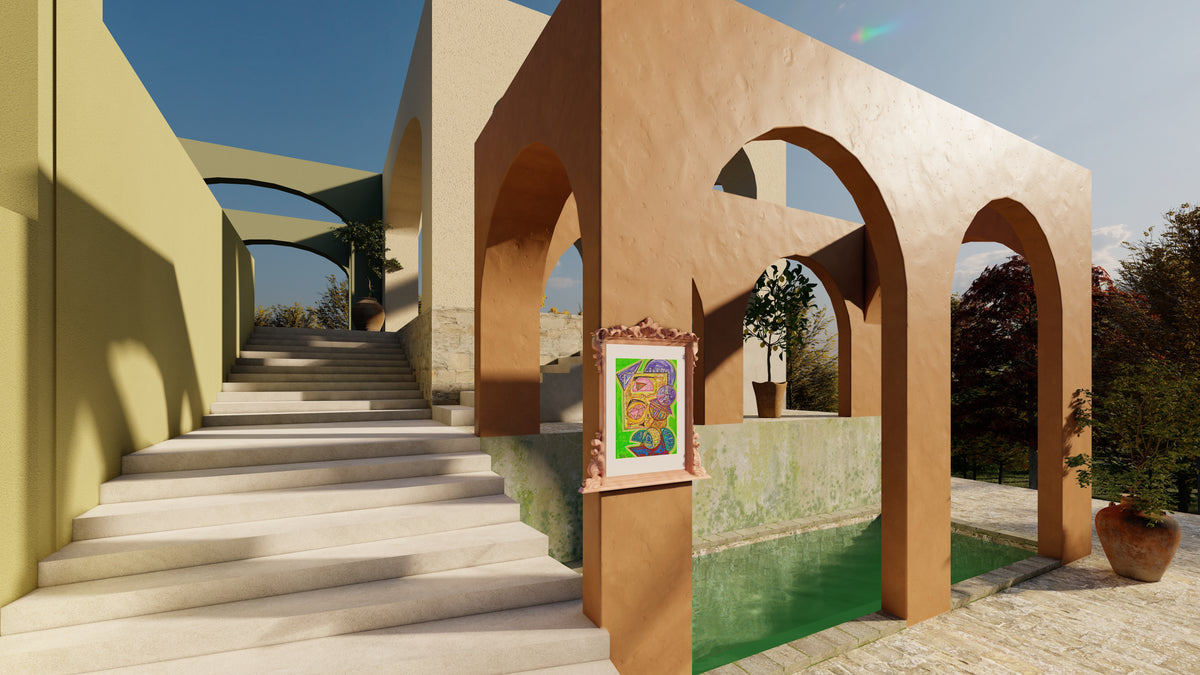 Sir Elixir on a terracotta pillar in a sunlit arched walkway with garden steps