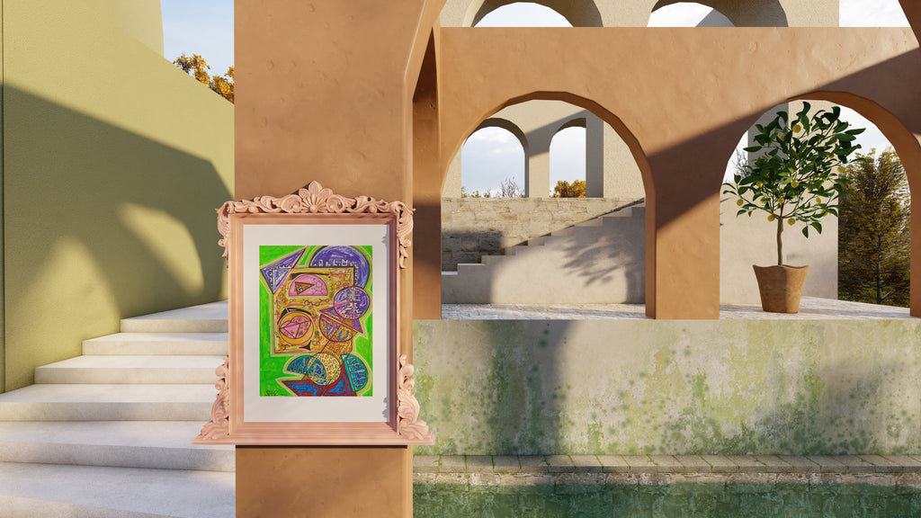 Sir Elixir framed in peach beside a stone stair and an arched terrace with a potted olive tree