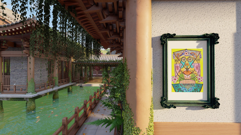 The Botanist hung on a cream wall above a long green reflecting pool and timber walkway