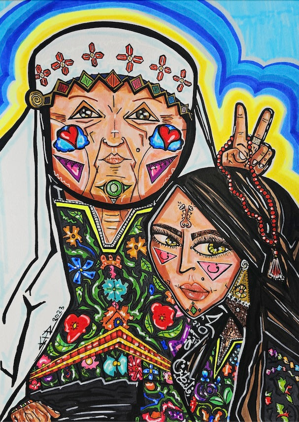 Haifa and Yafa: the full canvas close up, a veiled grandmother beside her granddaughter under a blue sky