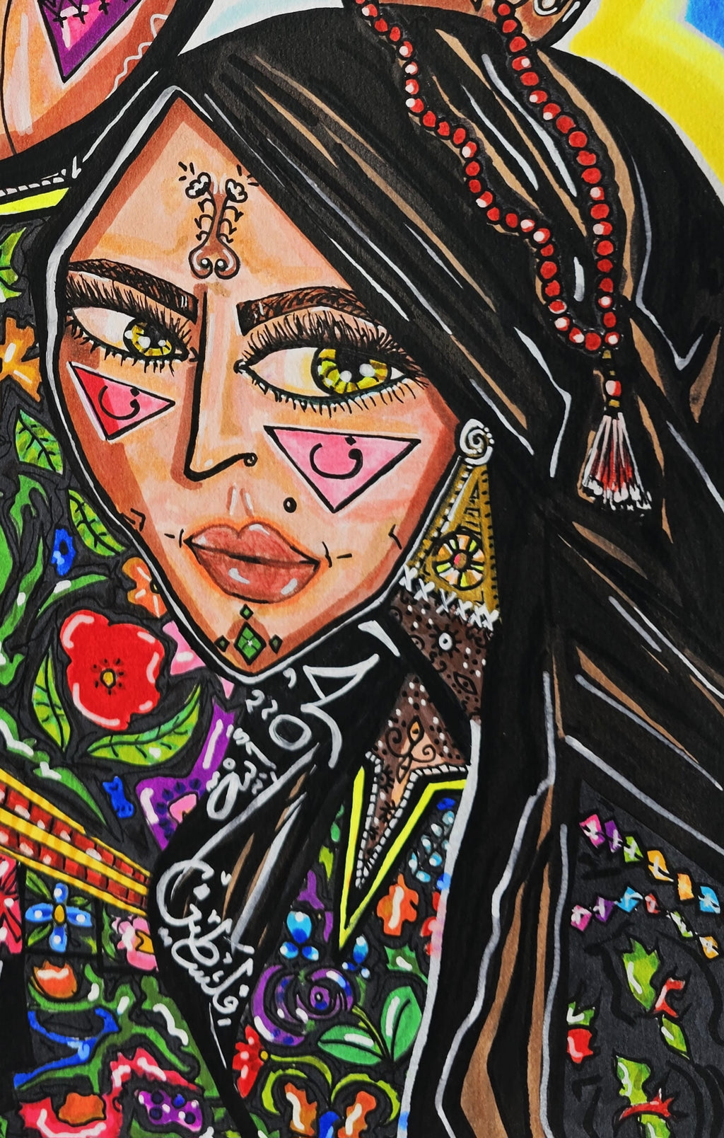 Haifa and Yafa detail: the granddaughter's face, long dark hair, green eyes and a red rose at her shoulder