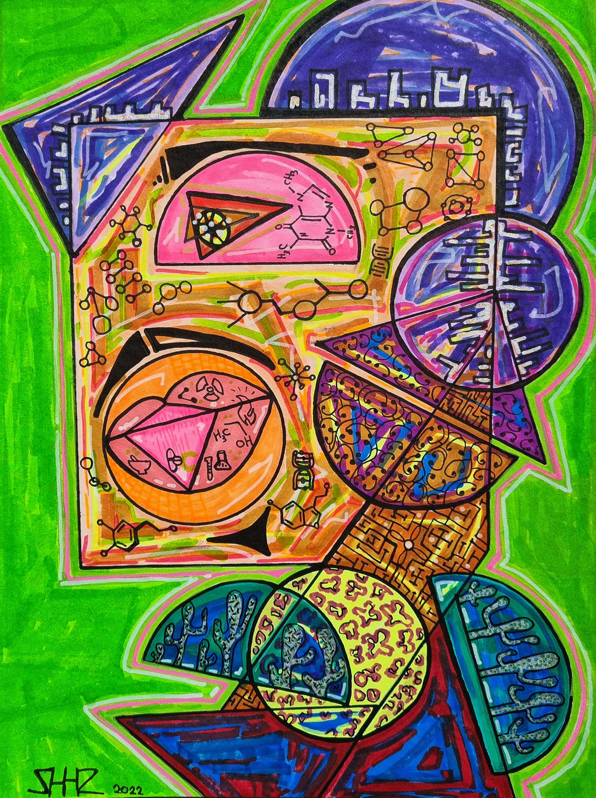 Sir Elixir: full view of the green canvas, orange and purple shapes drawn over with molecule chains