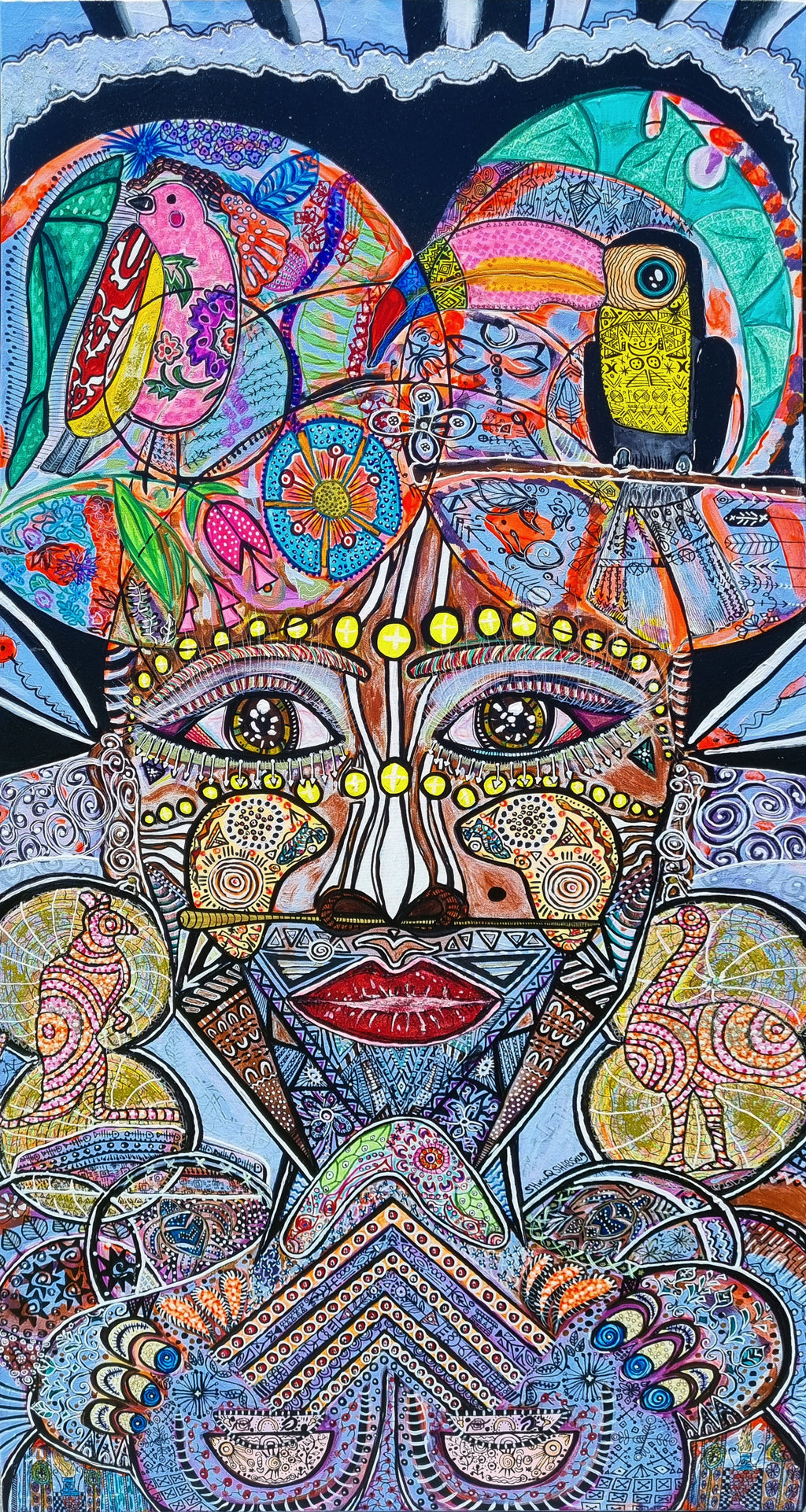 Wiana limited edition print, full view of the figure in teal and coral, her face ringed with fine pattern