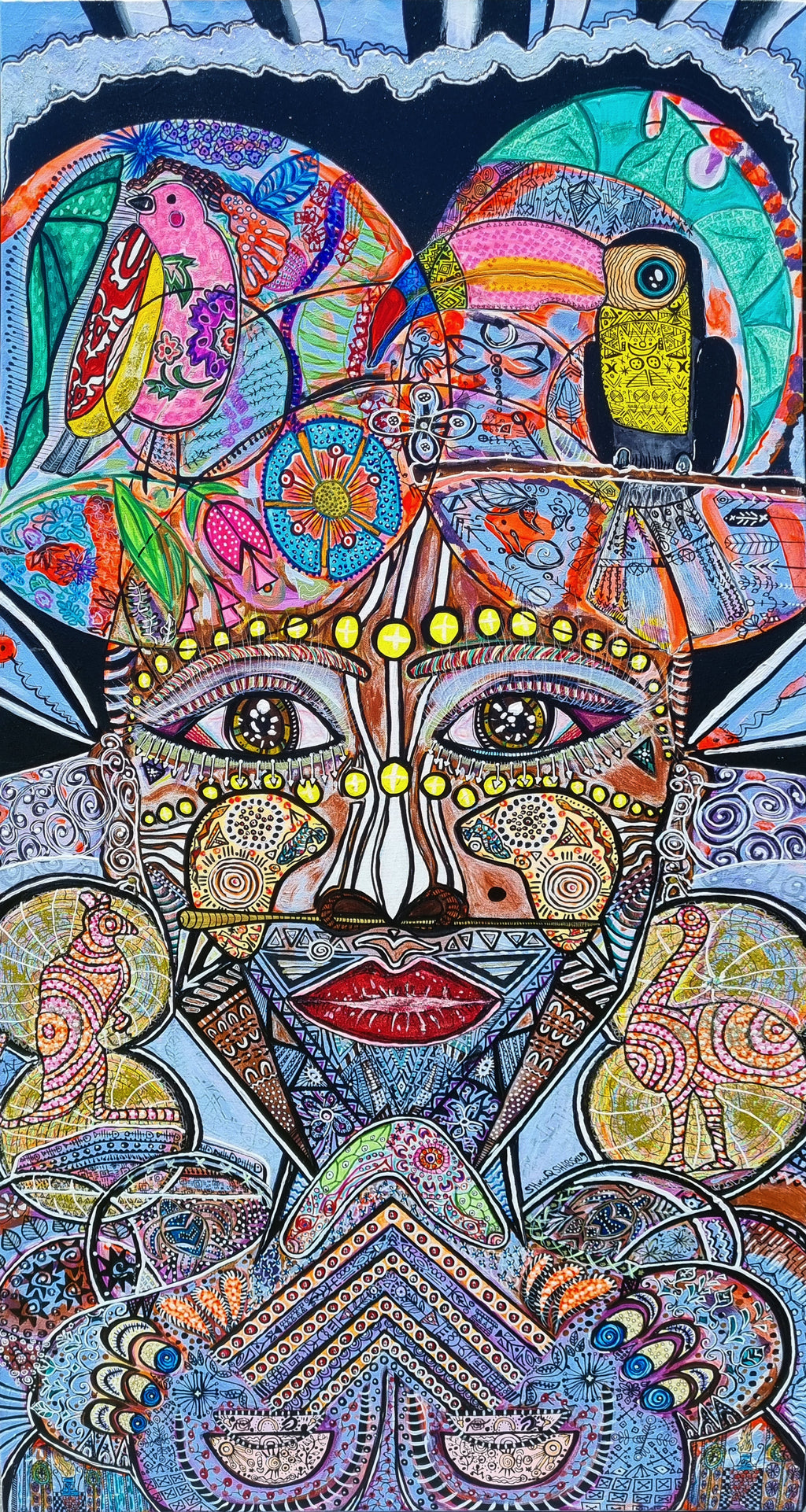 Wiana print: full view of the artwork, a patterned face with wide eyes below arches filled with birds