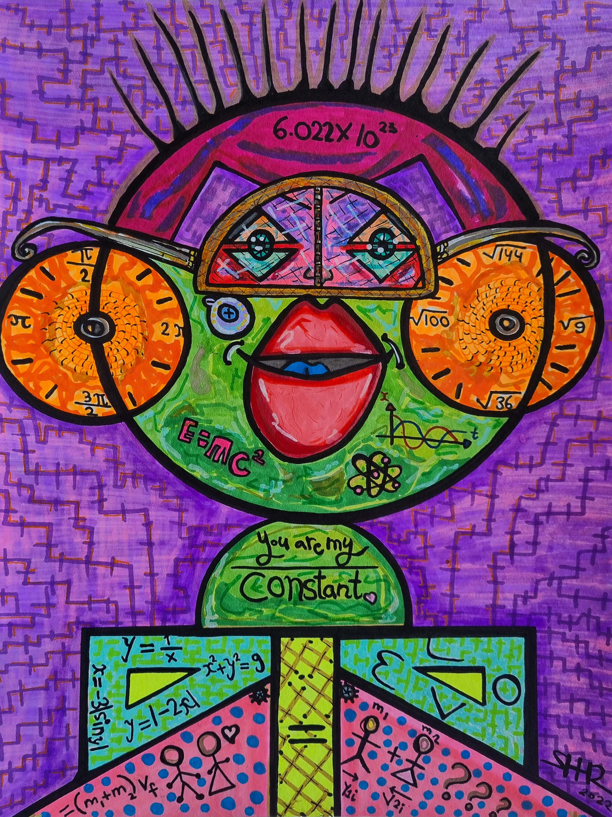 Number Wizard: full view of the purple canvas, orange dial glasses, a red mouth and pencilled equations