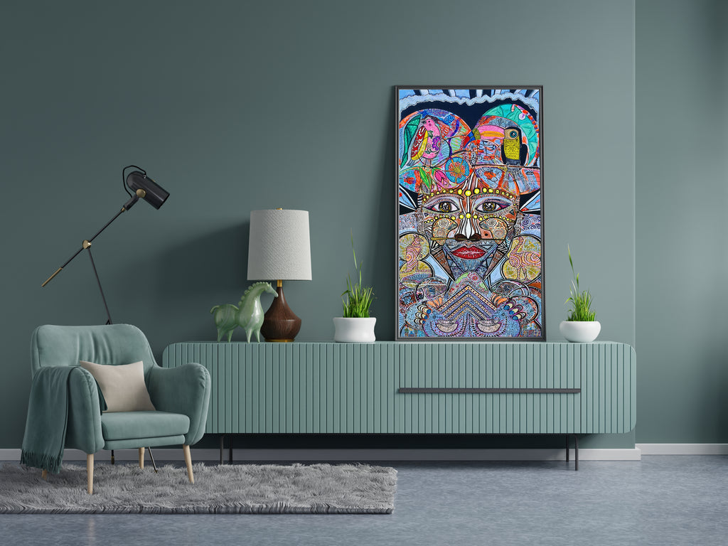 Wiana on a deep green wall above a mint sideboard in a living room setting