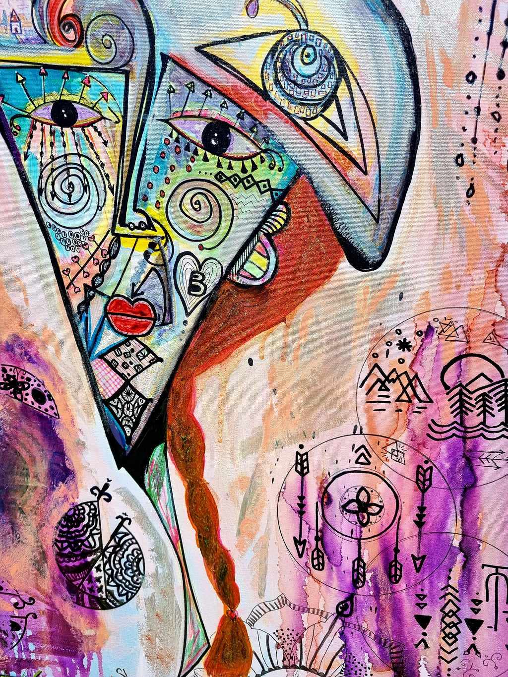 Rosado print detail: the face with two eyes and small red lips above a rust red drip