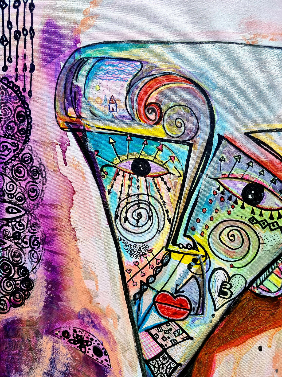 Rosado detail: the face, one eye, a white spiral and a small red heart shaped mouth