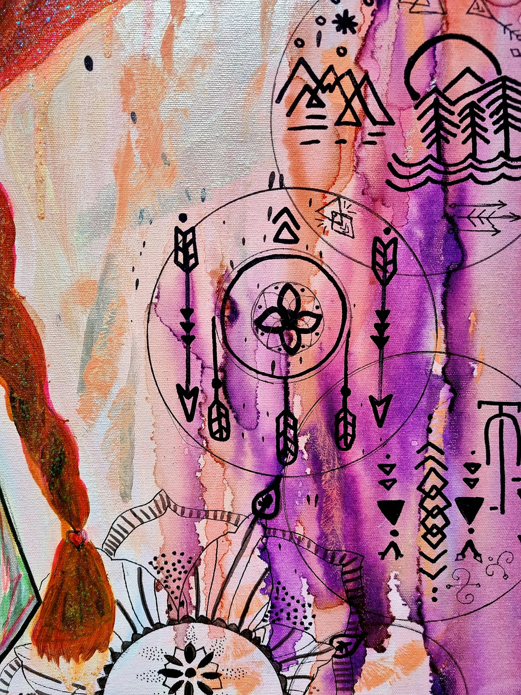 Rosado detail: inked mountains and a circular mandala of arrows drawn over violet drips