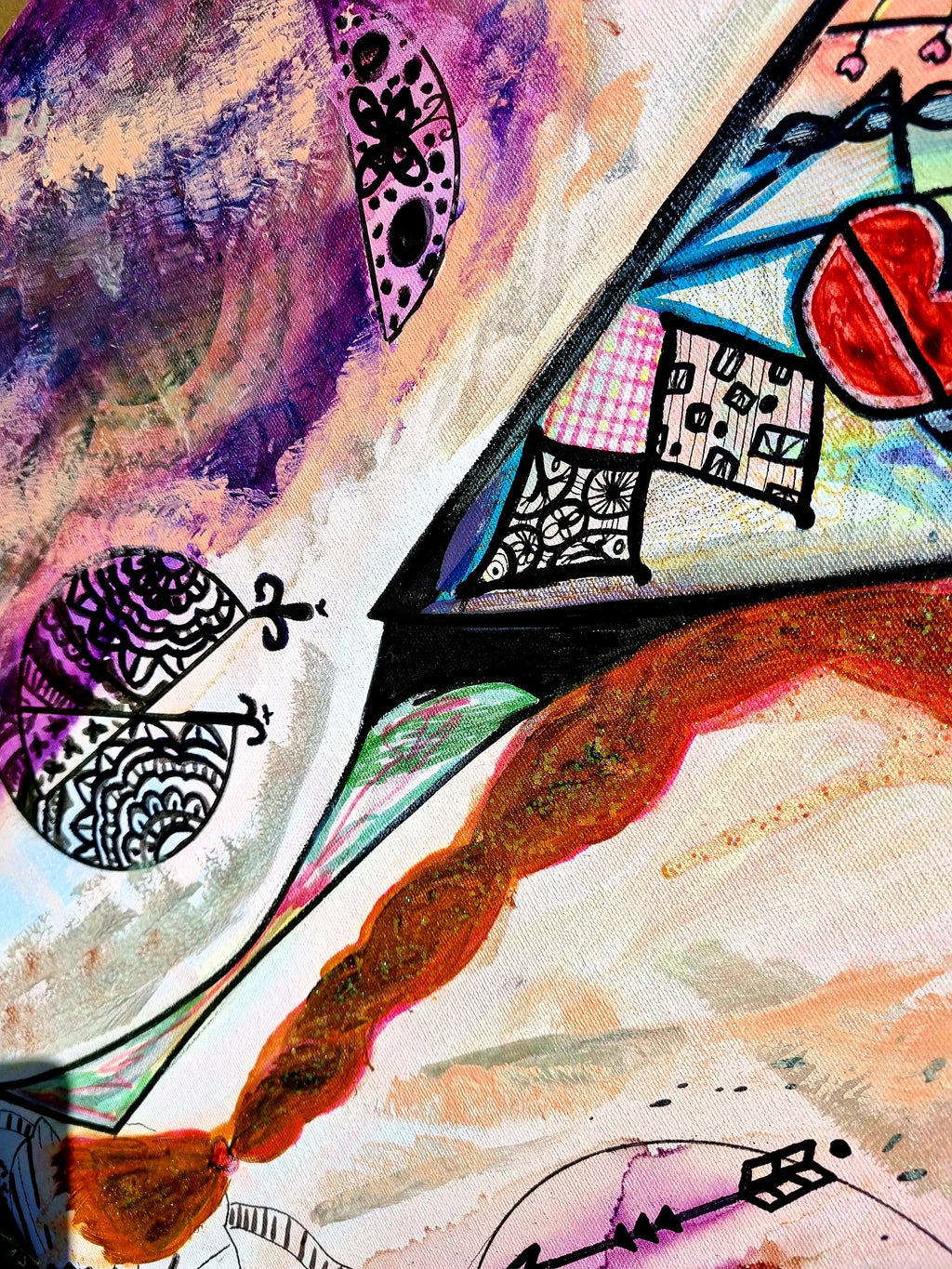 Rosado print detail: a red heart and chequered shapes beside a rust coloured brushstroke