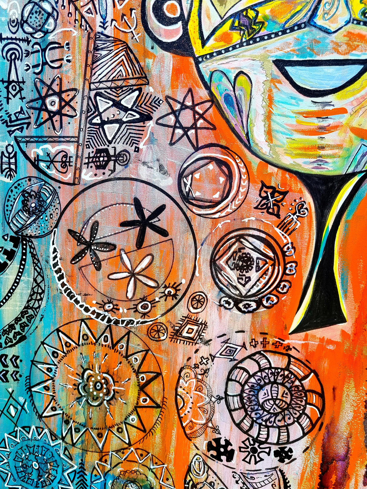 Naranja detail: star flowers ringed in ink beside teal mandalas and the dark line of the neck