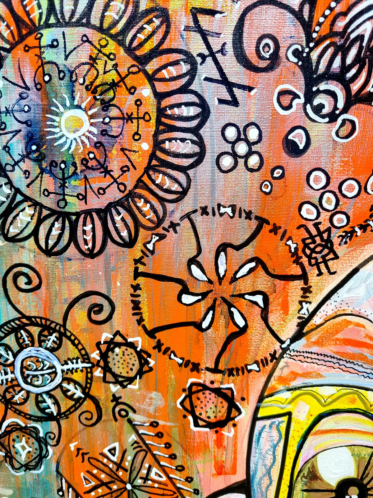 Naranja detail: large ink drawn sunflower mandalas and a burst flower on warm orange