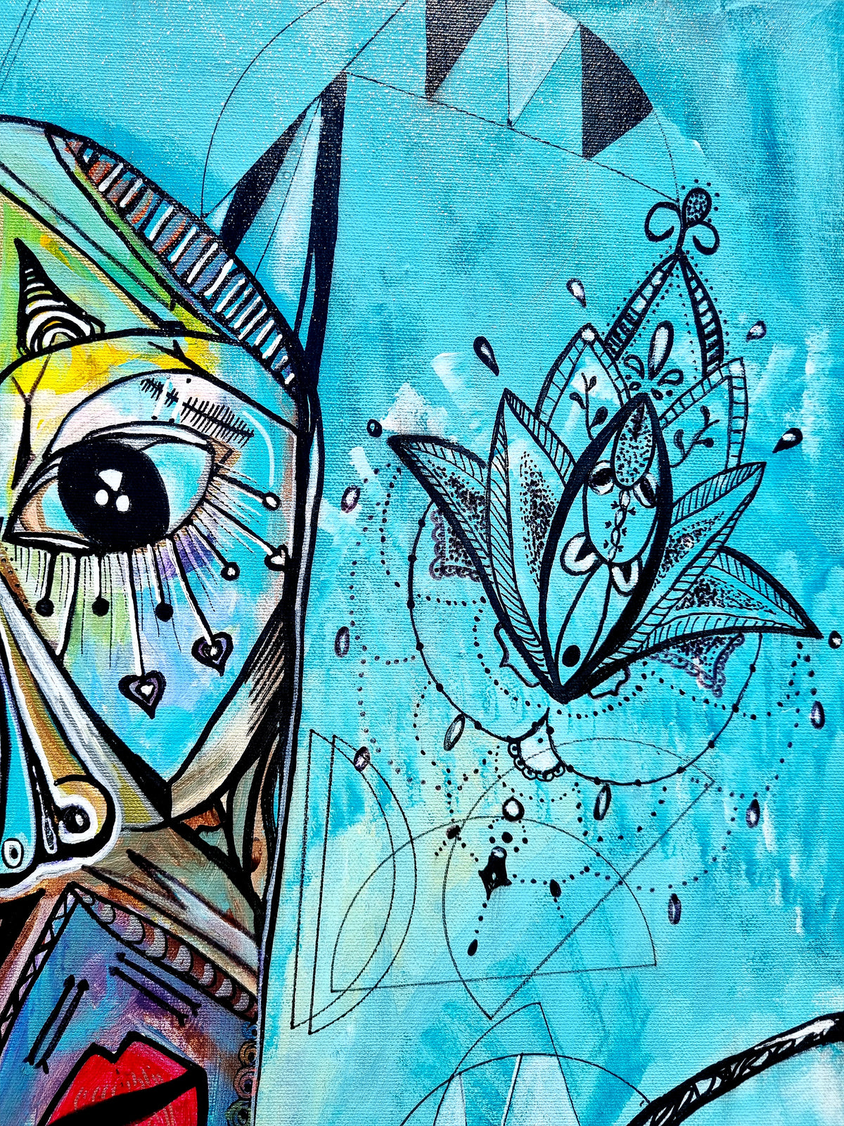 Azul detail: a wide open eye beside a lotus flower drawn in fine black ink