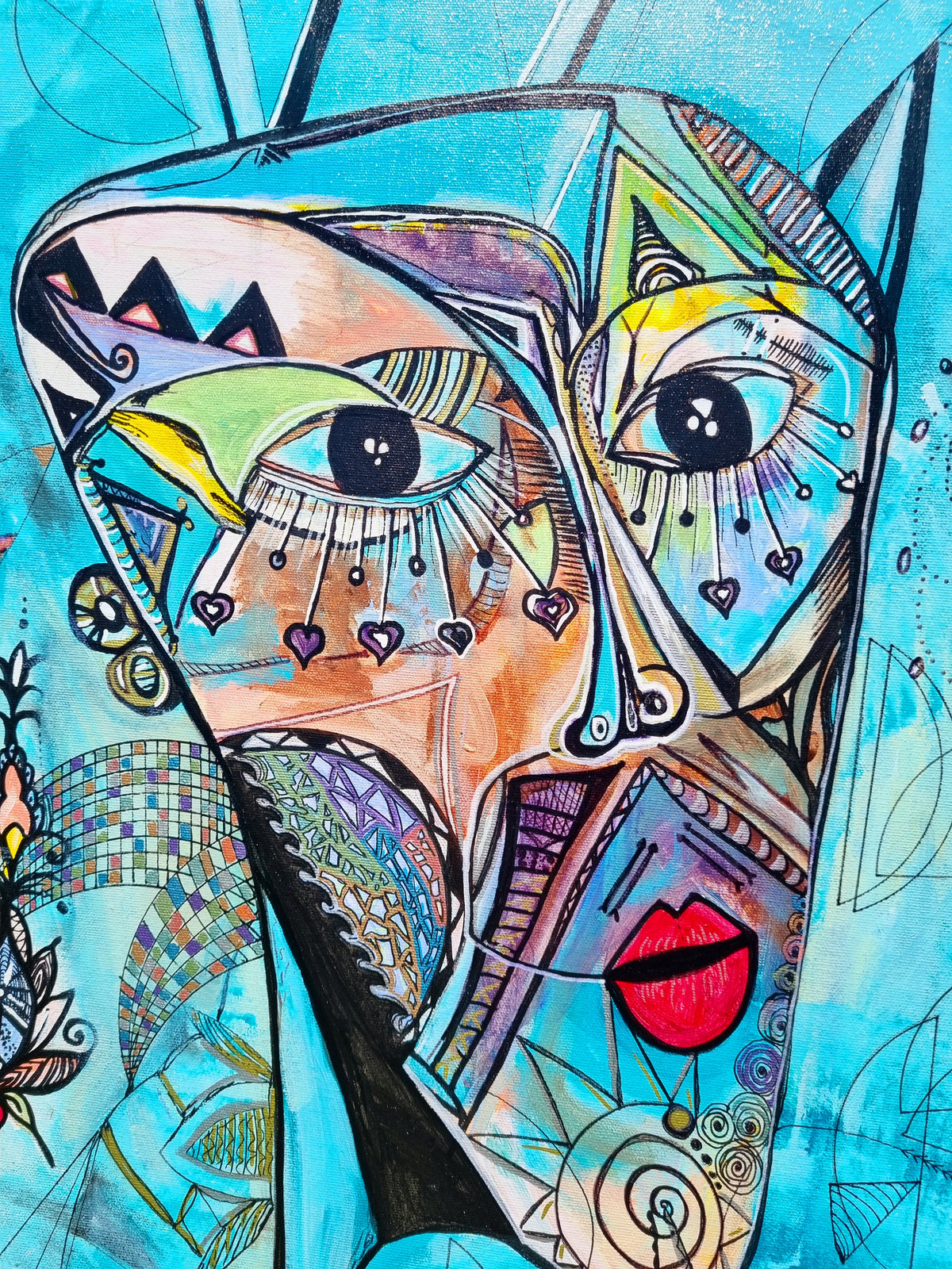 Azul detail: the face, two lashed eyes, a zigzag brow and a bright scarlet mouth