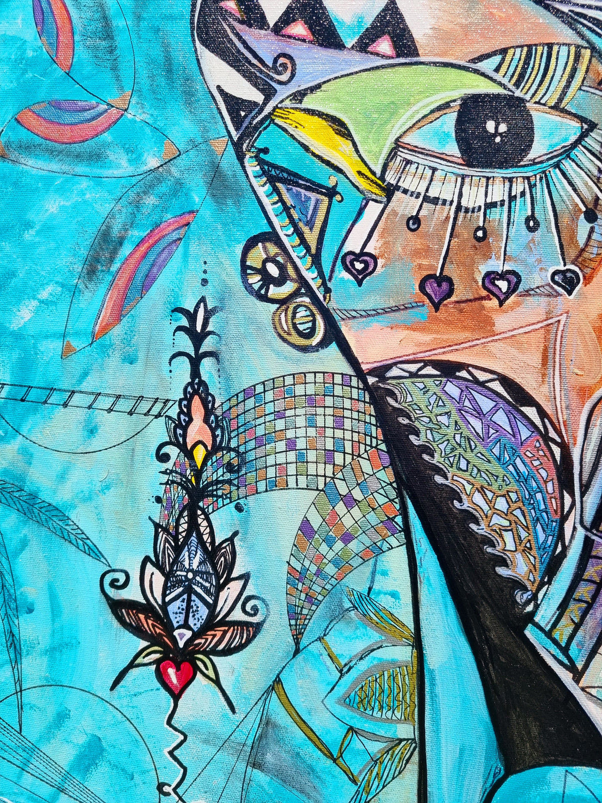 Azul print detail: one eye with a green lid and beaded lashes above a slender lotus