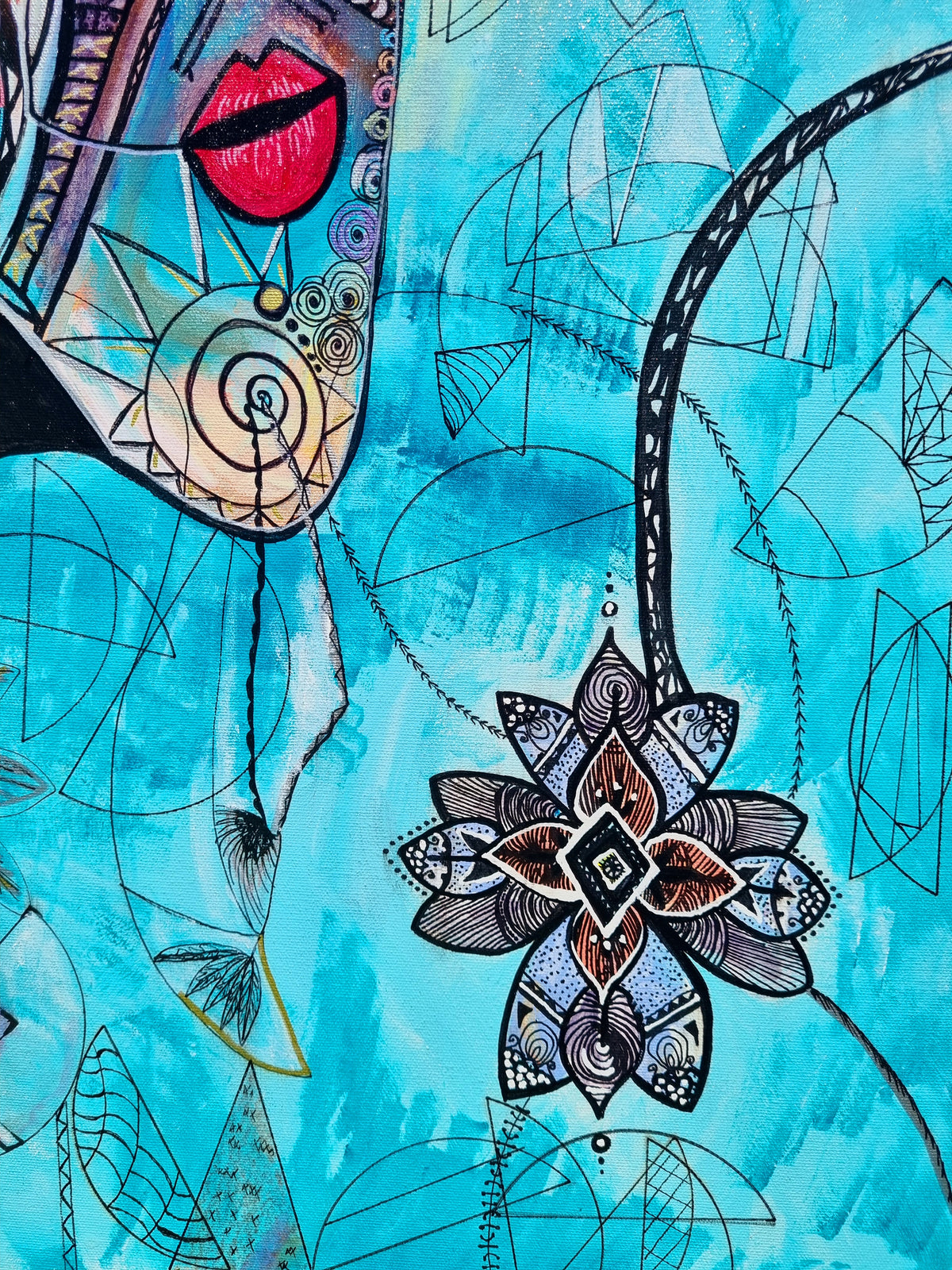 Azul detail: a finely inked dark mandala flower on turquoise, a red mouth at the upper edge