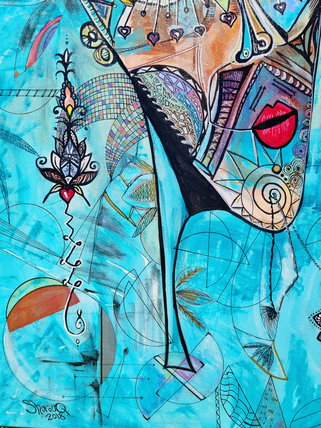 Azul print detail: a lotus dangling from a red heart, with the artist's signature below