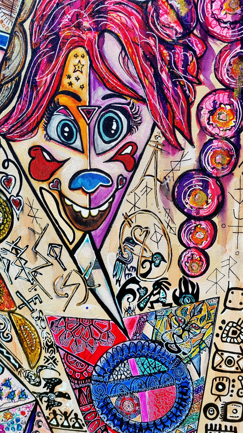 Trinity detail: the pink haired sister in full, her face built from painted facets