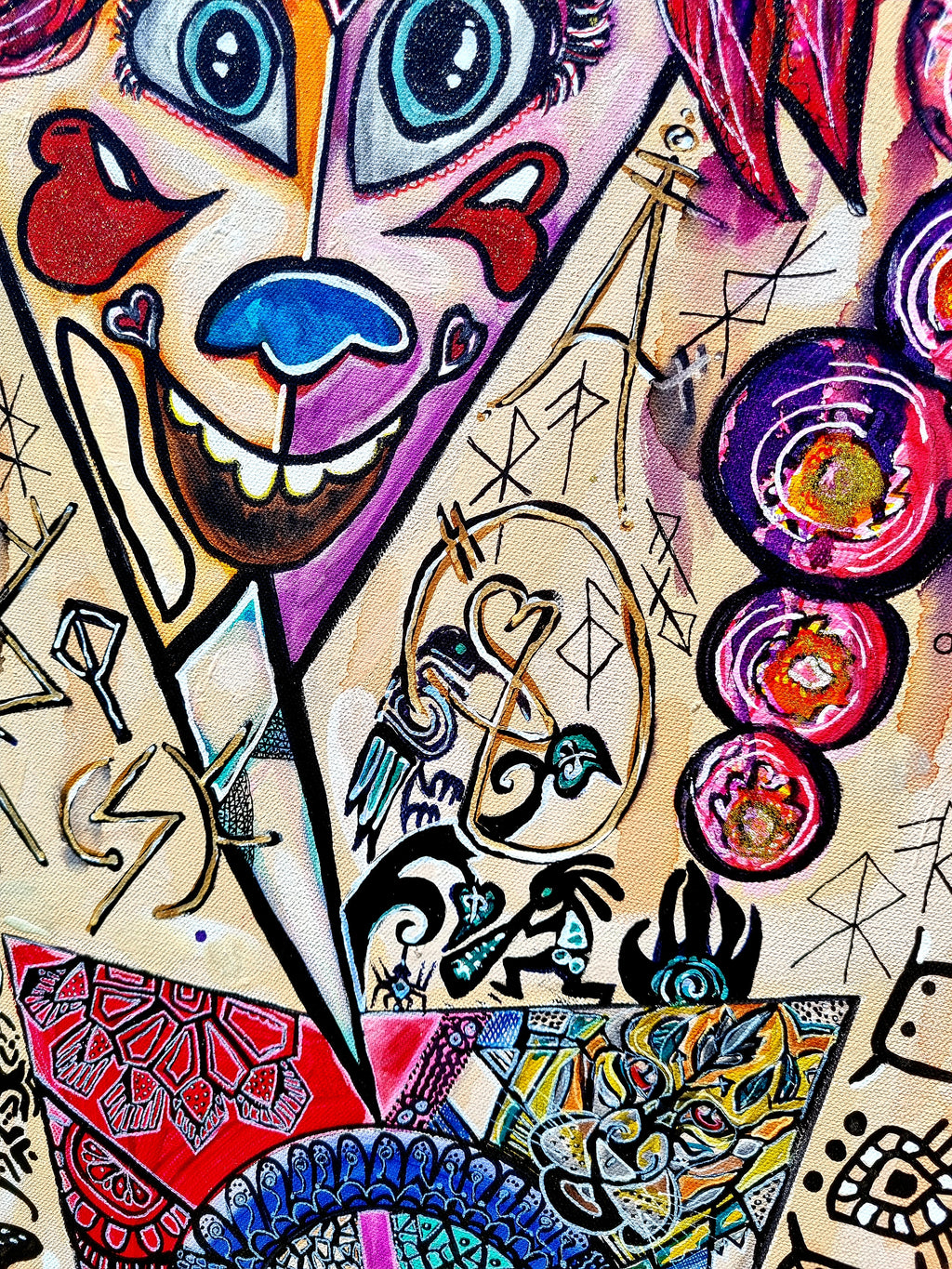 Trinity detail: the laughing sister's wide smile, painted in blue, red and gold