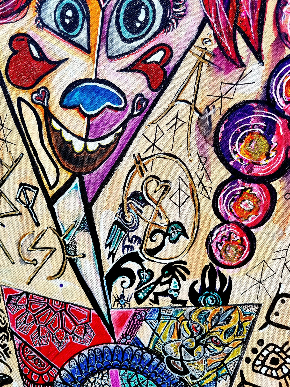 Trinity print detail: a grinning face with a blue nose and startled eyes over a red fan