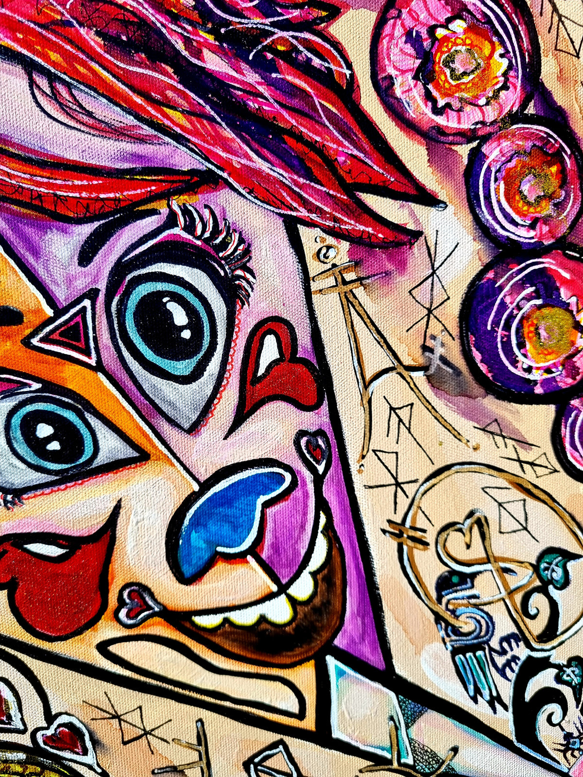 Trinity detail: the laughing sister in pink and coral, her hair spilling into round jewels