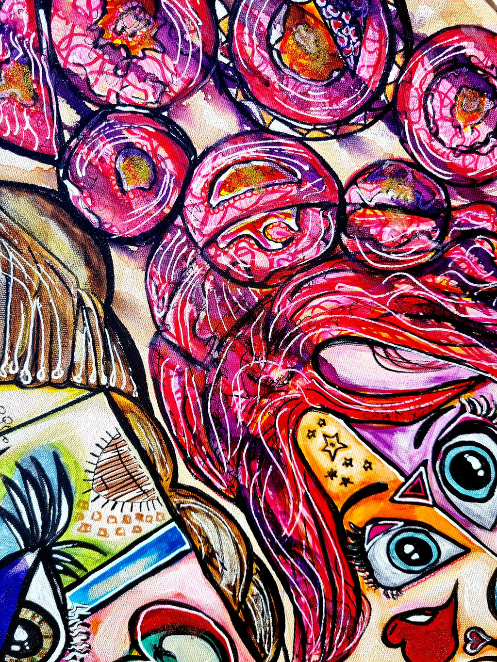 Trinity detail: the pink sister's hair spilling into a cascade of round painted jewels