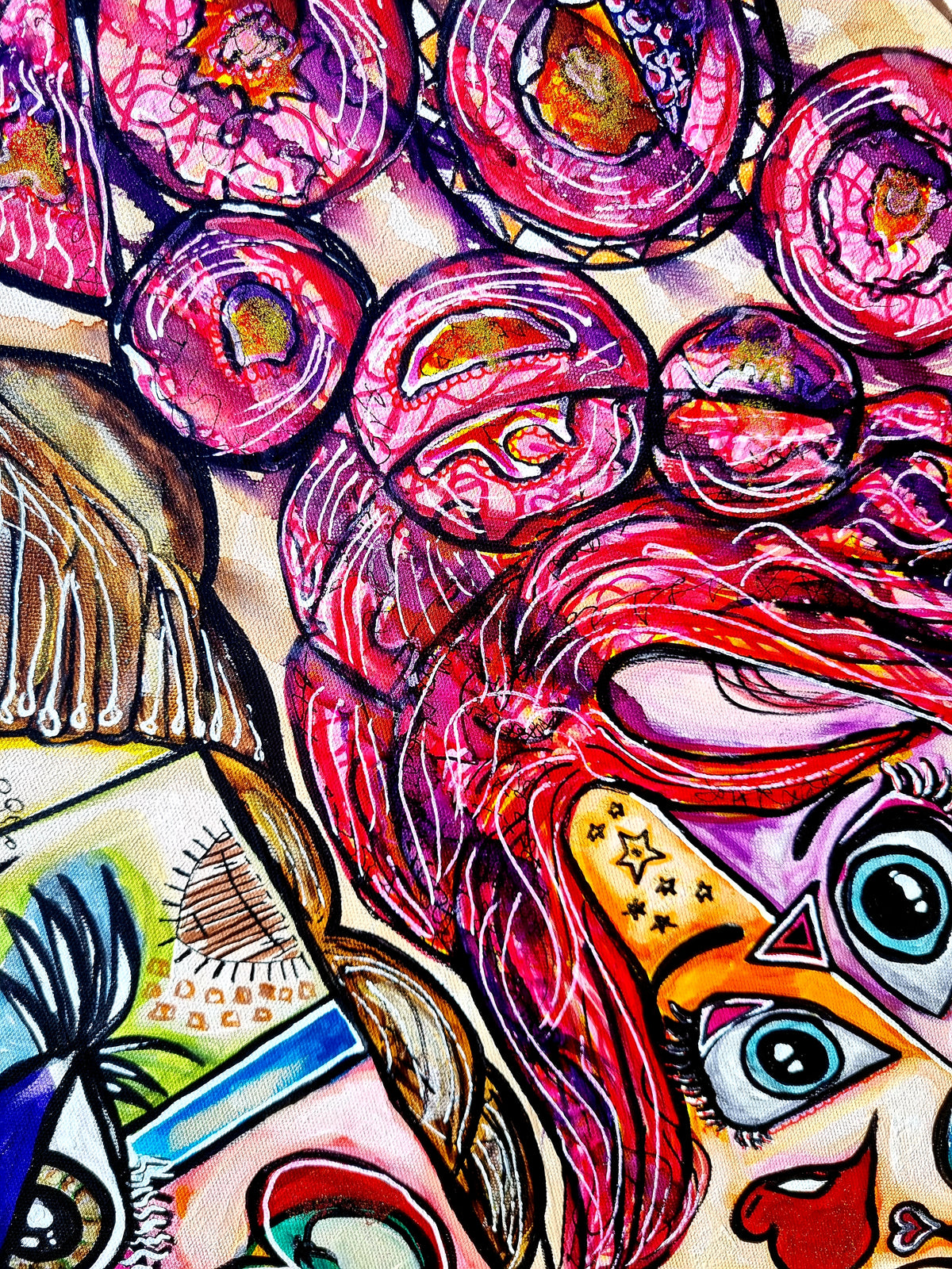 Trinity detail: the pink sister's hair spilling into a cascade of round painted jewels