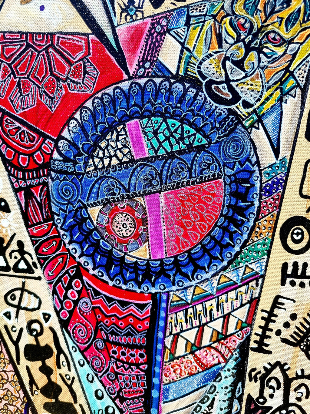 Trinity print detail: a large blue and red wheel ringed with beading and fine ink marks