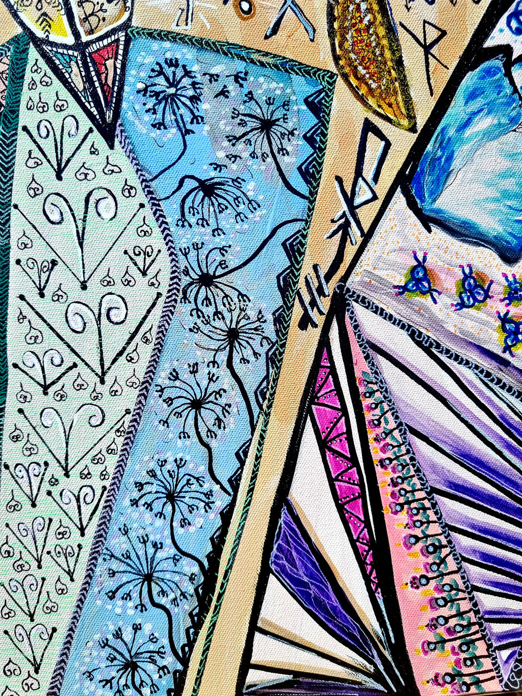 Trinity detail: pale blue and lavender triangles filled with feathered white line work