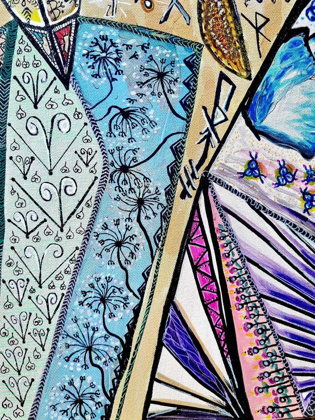 Trinity print detail: pale blue panels drawn with dandelion seed heads and fine pen strokes