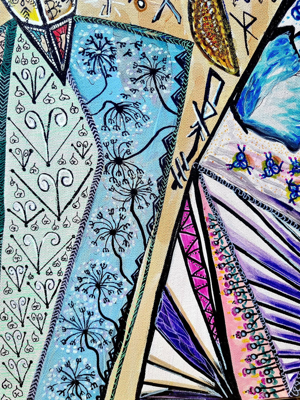 Trinity print detail: pale blue panels drawn with dandelion seed heads and fine pen strokes