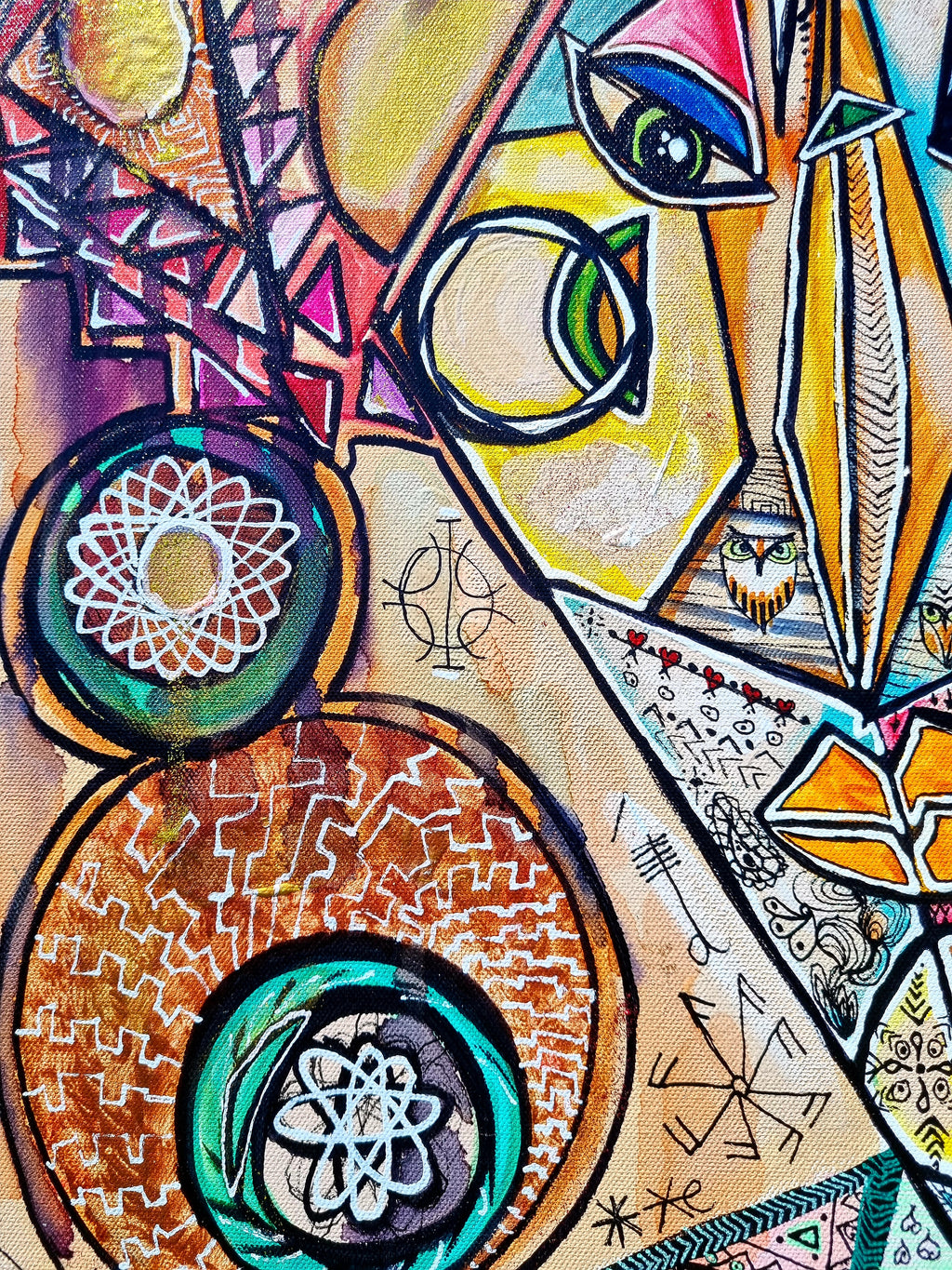 Trinity detail: layered circles in orange and teal set against fine pencil pattern