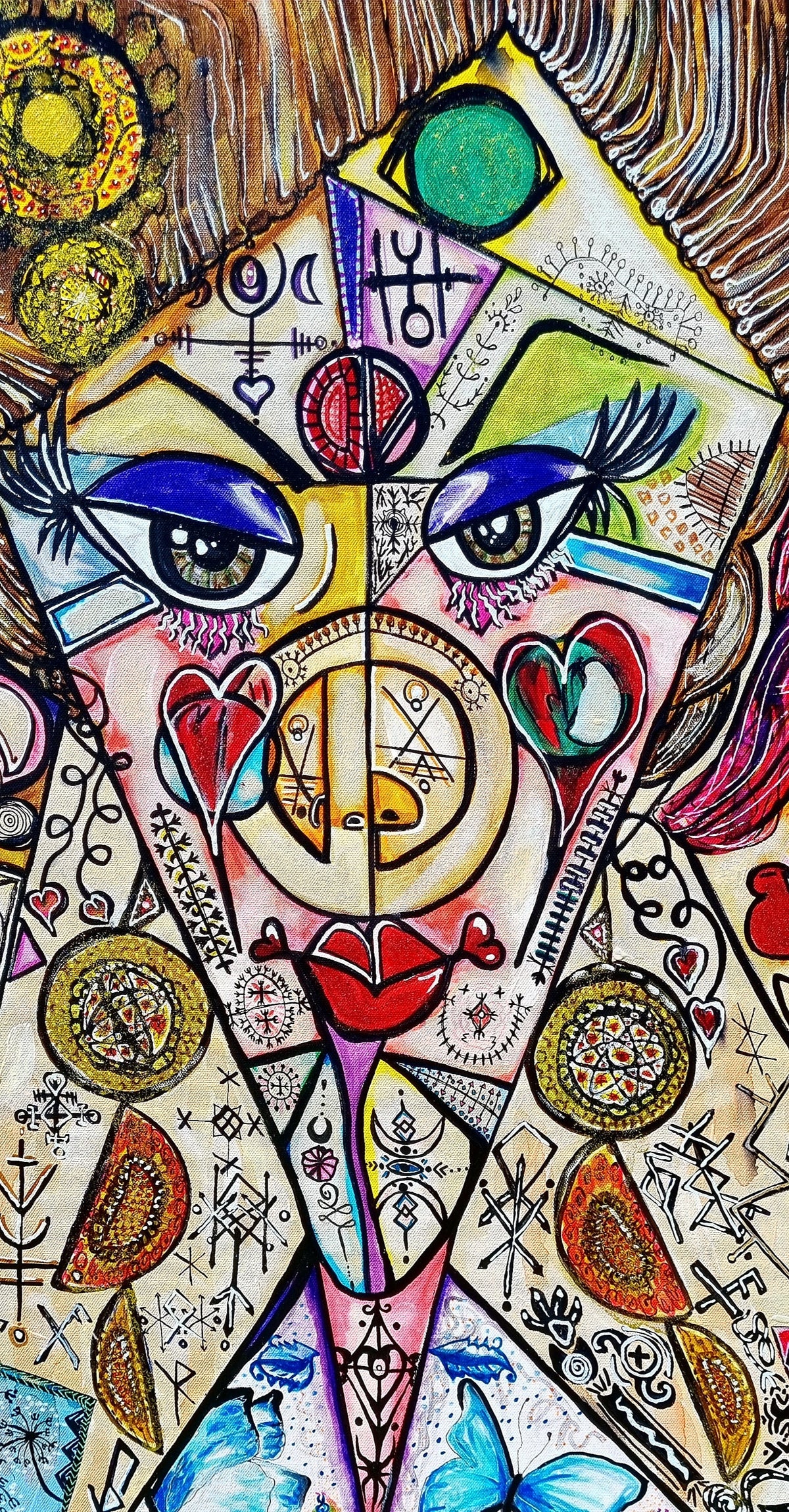 Trinity print detail: a narrow strip of the central figure, two dark eyes above red lips