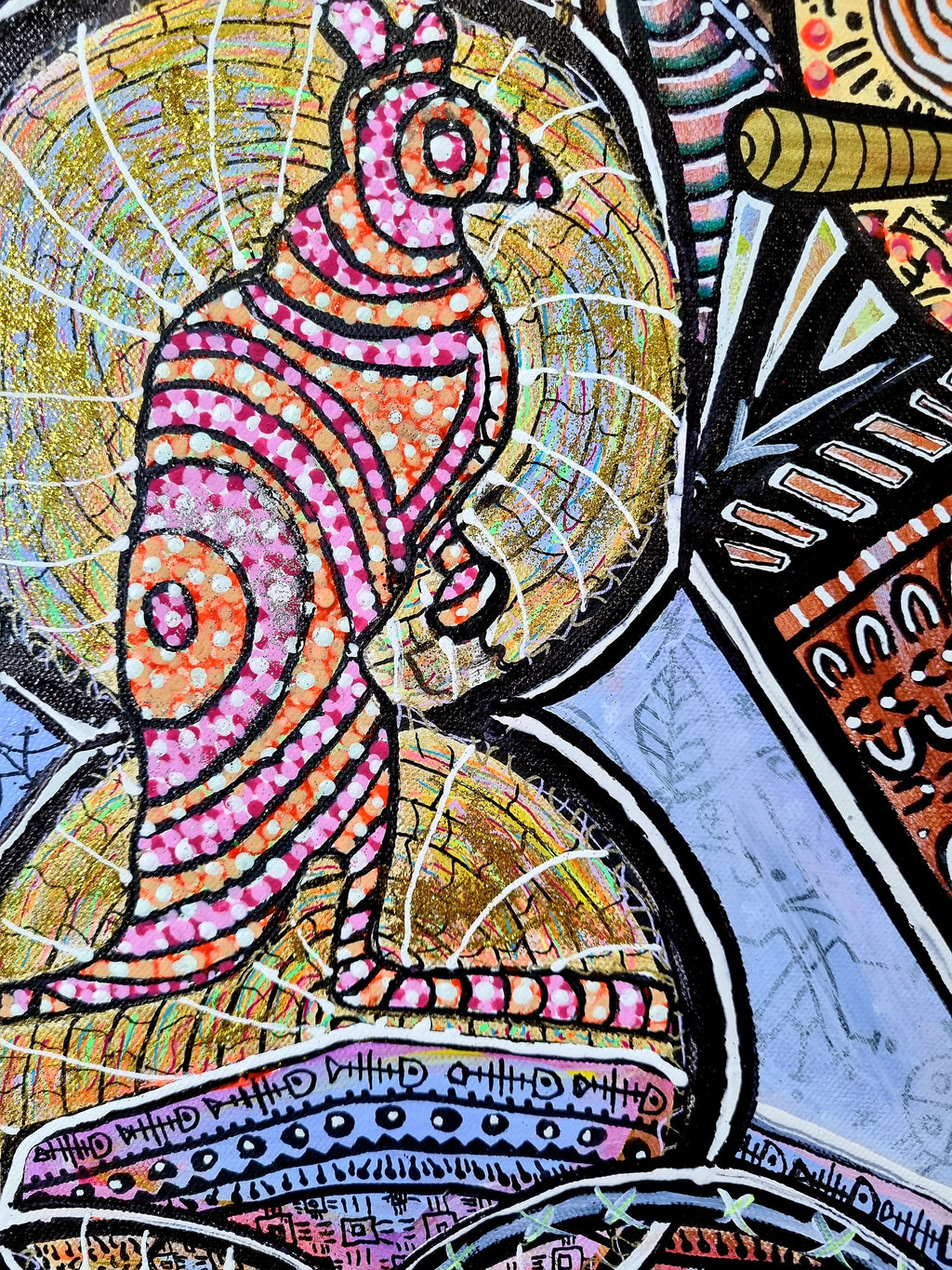 Wiana print detail: a coiled pink and gold form over a fan of feathers and tiny lettering