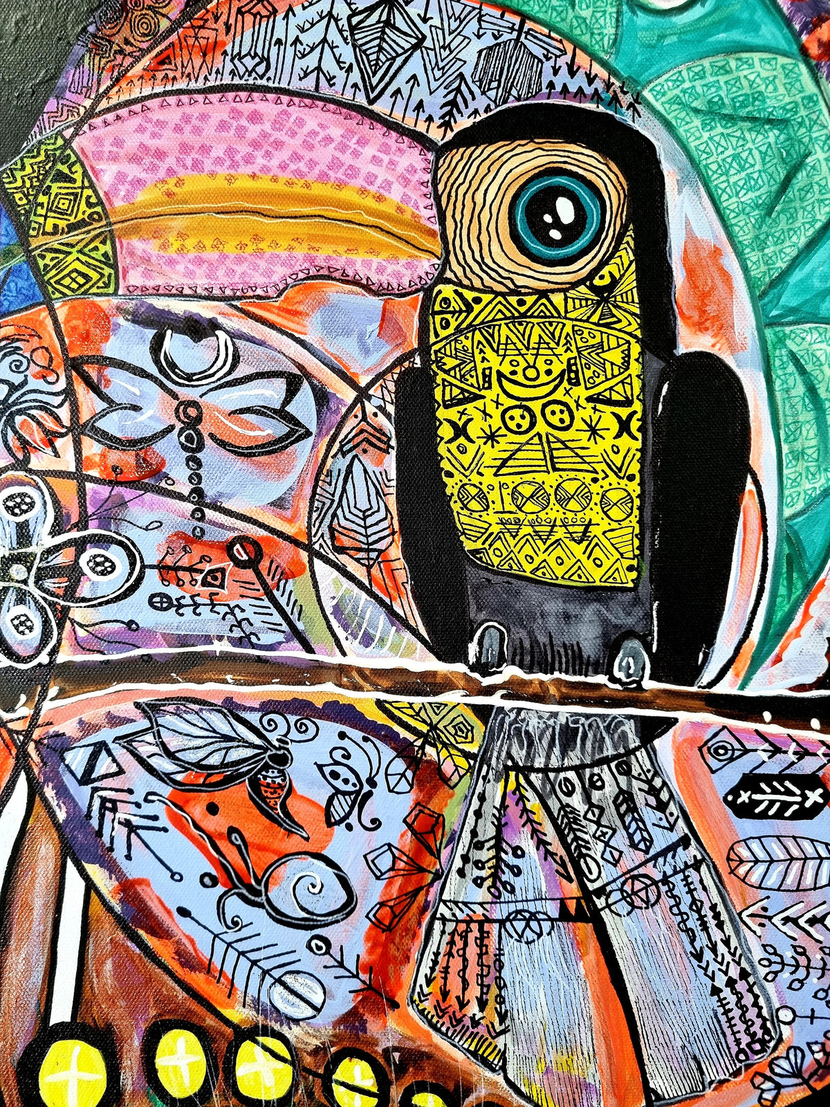 Wiana print detail: a toucan with a pink striped beak and yellow body perched on a thin branch