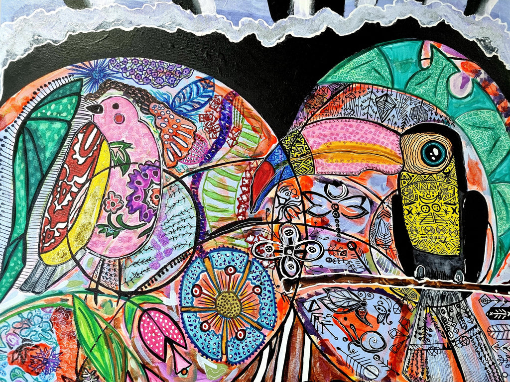 Wiana print detail: a pink songbird with a green wing facing a toucan across the canvas