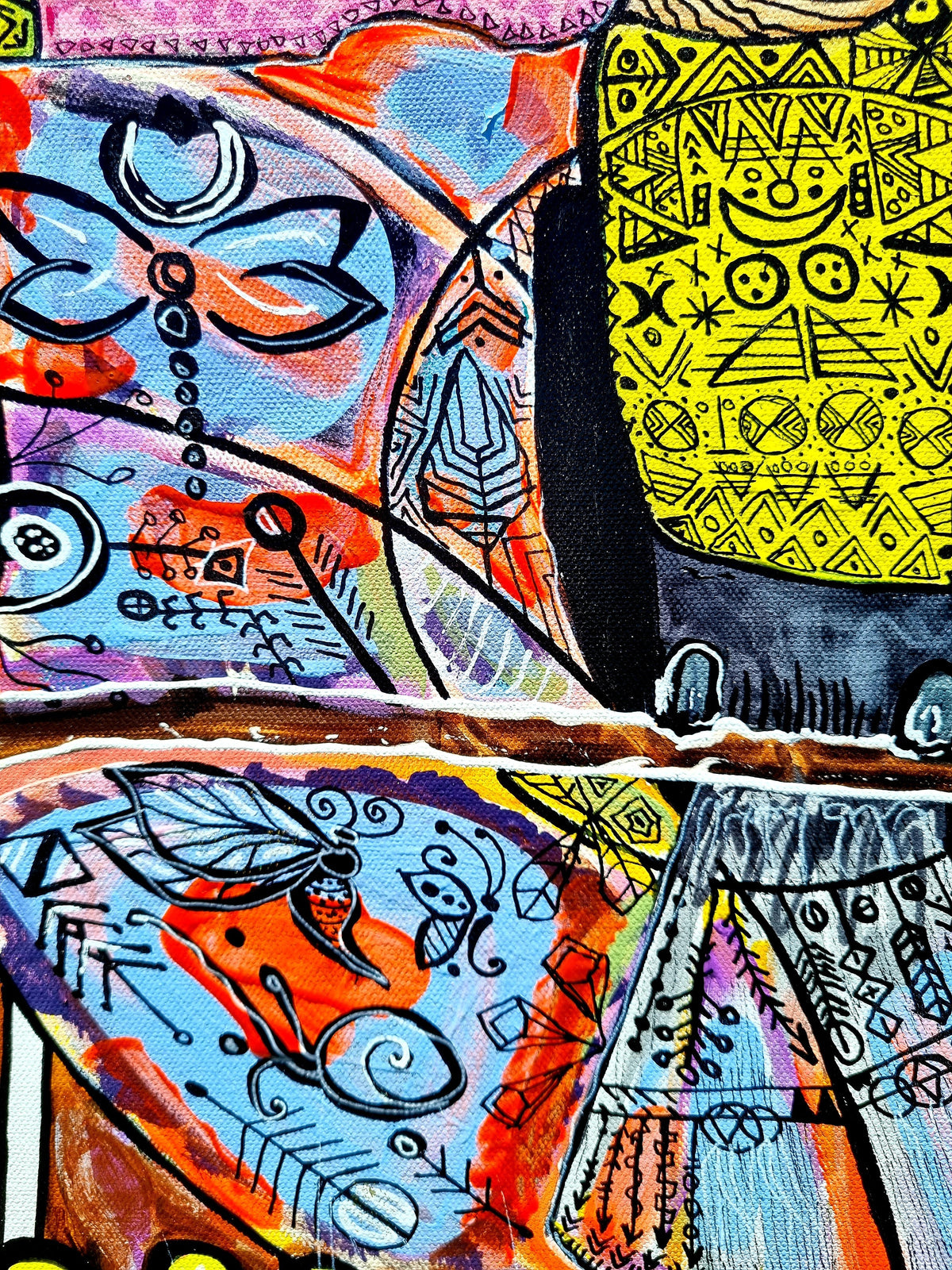 Wiana print detail: a bright yellow toucan covered in tiny figures, with a dragonfly on pale blue