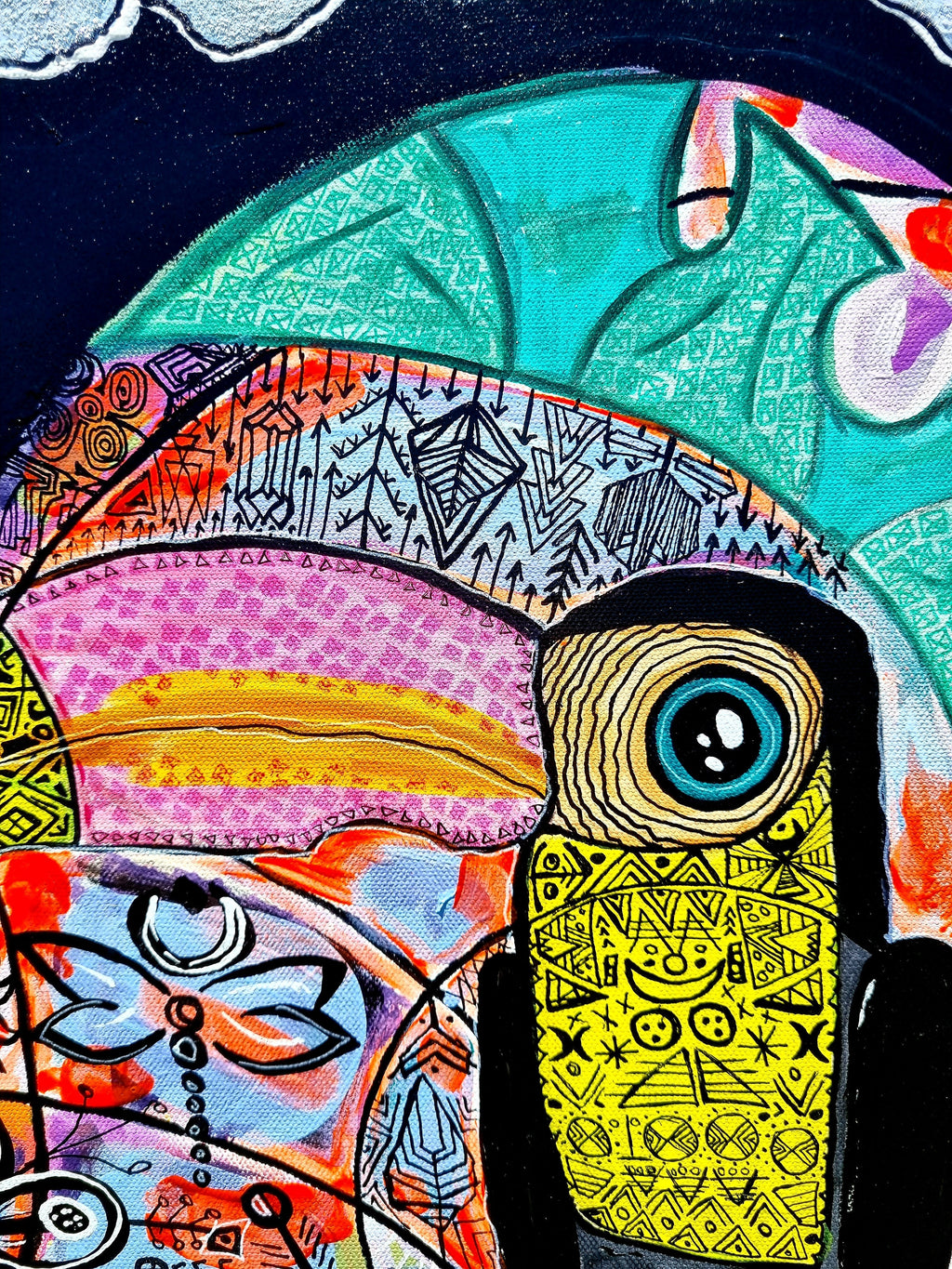Wiana print detail: a toucan with a yellow patterned beak and blue eye against a teal arc