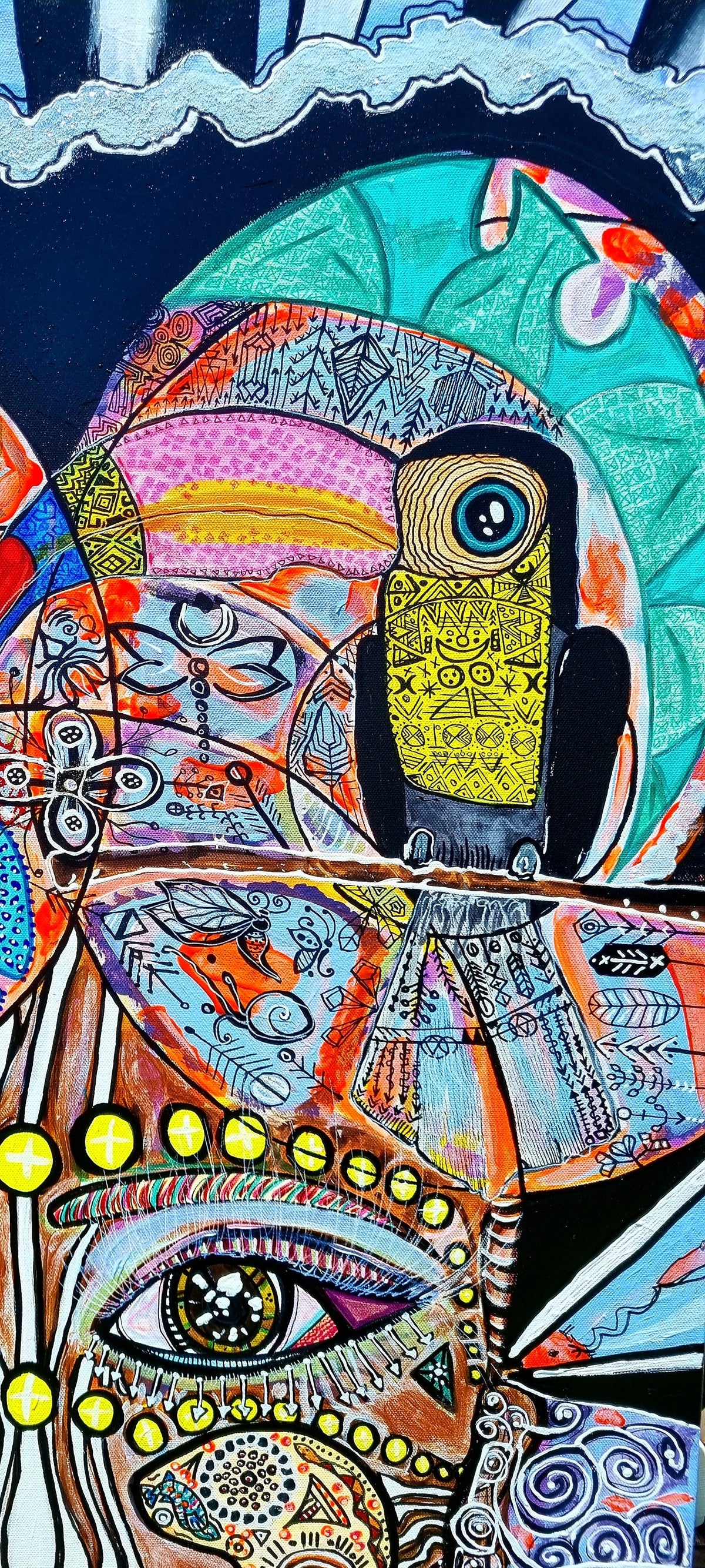 Wiana print detail: a tall slice of the canvas with a toucan above and a watching eye below