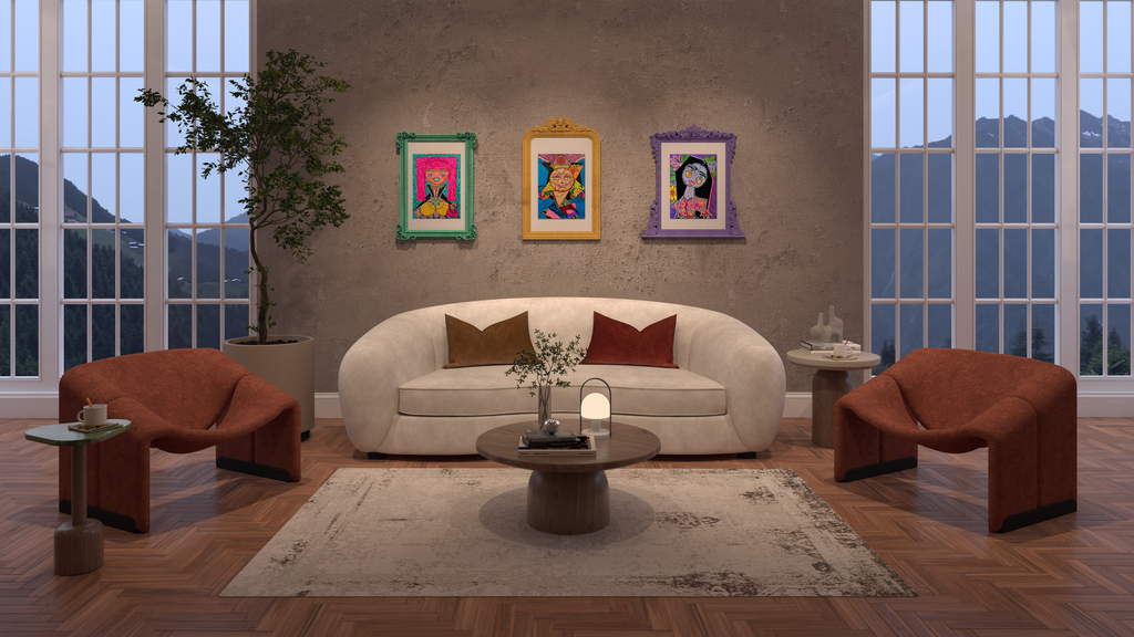 Madam Vivi in a green frame, left of three portraits above a sofa in a mountain view room