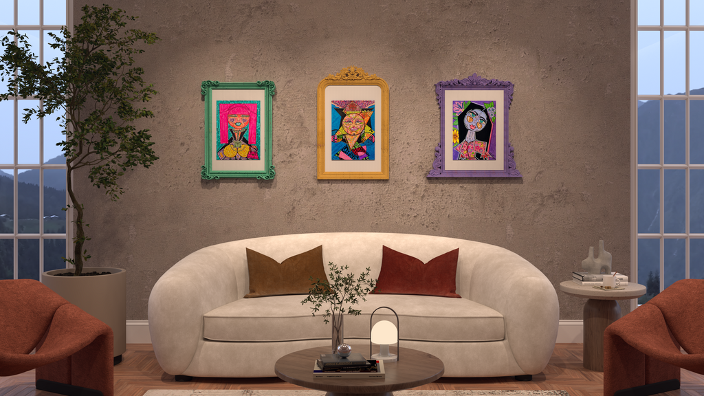 Madame Coco in a gilt frame at the centre of three portraits above a cream sofa