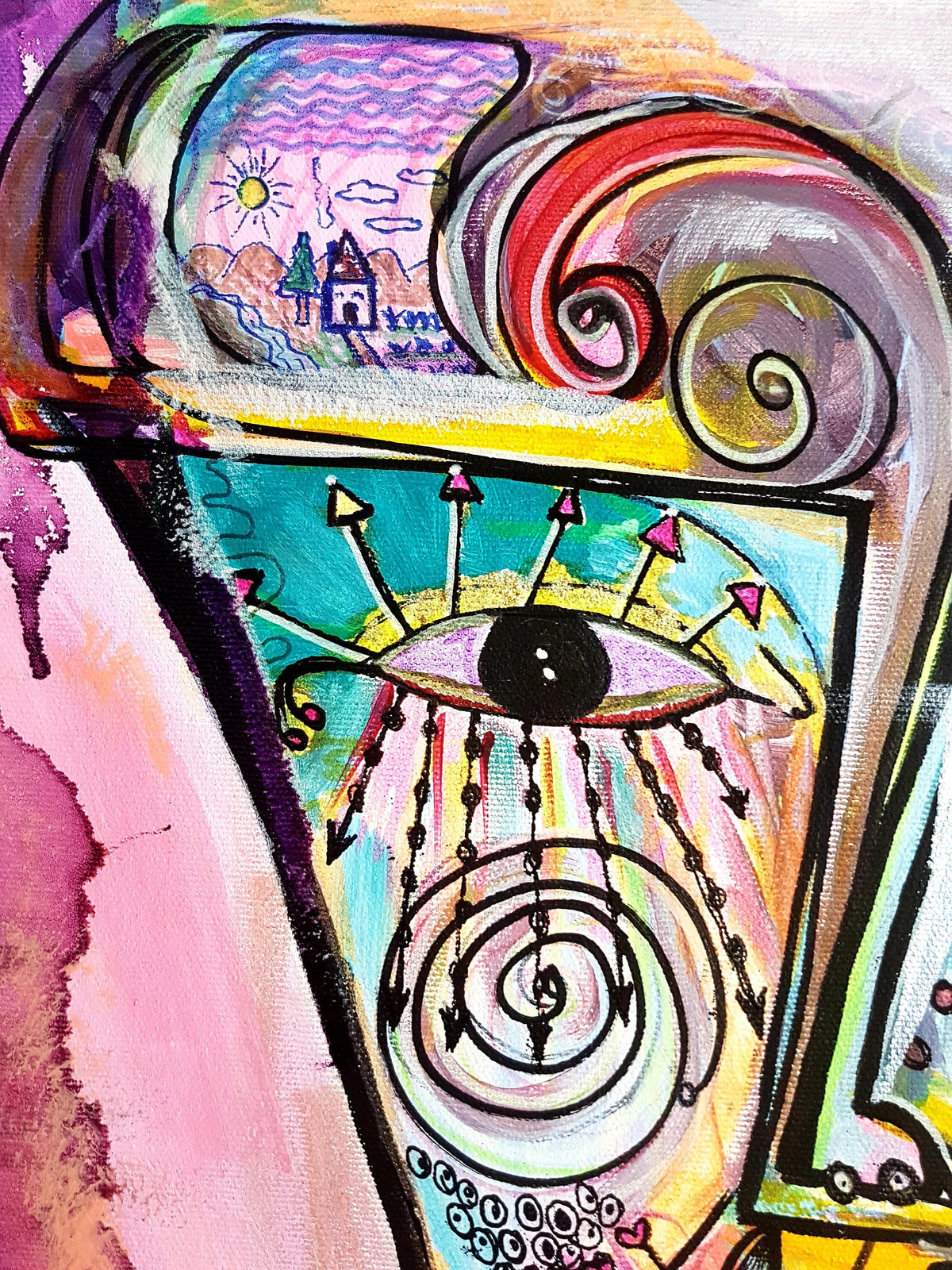 Rosado detail: a lashed eye with arrow rays, a spiral beneath and tiny painted houses under a sun