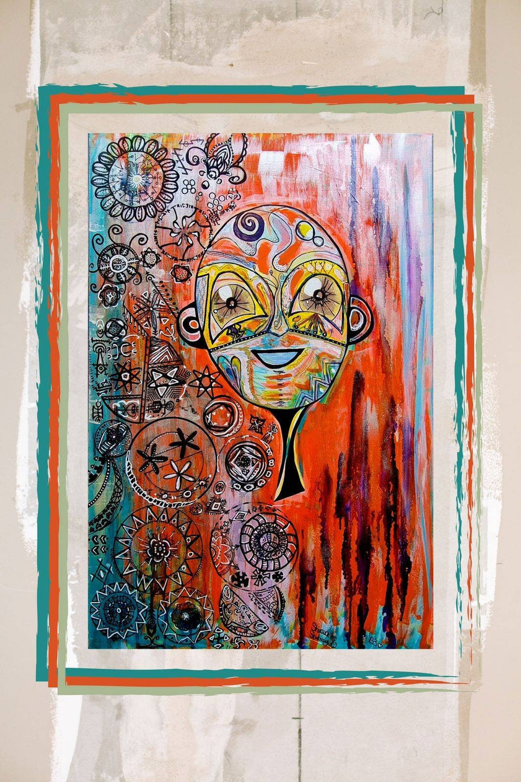 Naranja on a plaster wall inside a hand painted teal and orange border
