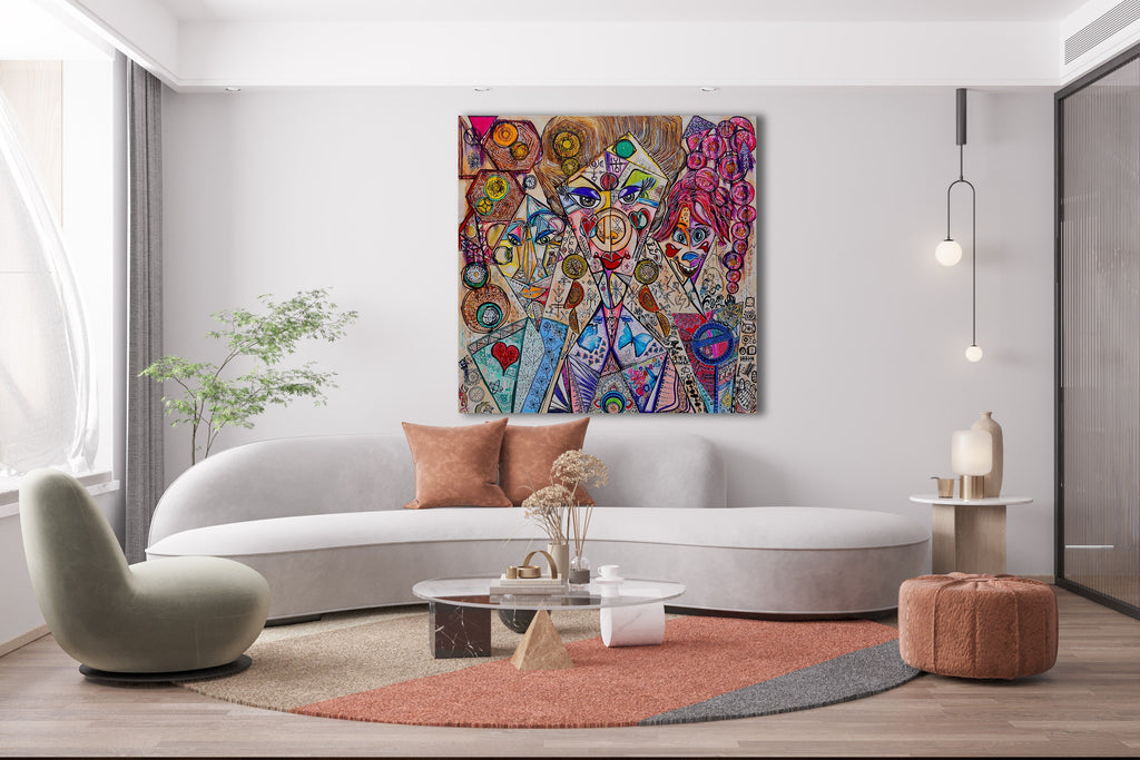 Trinity hung in a living room above a pale sofa, showing the scale of the painting