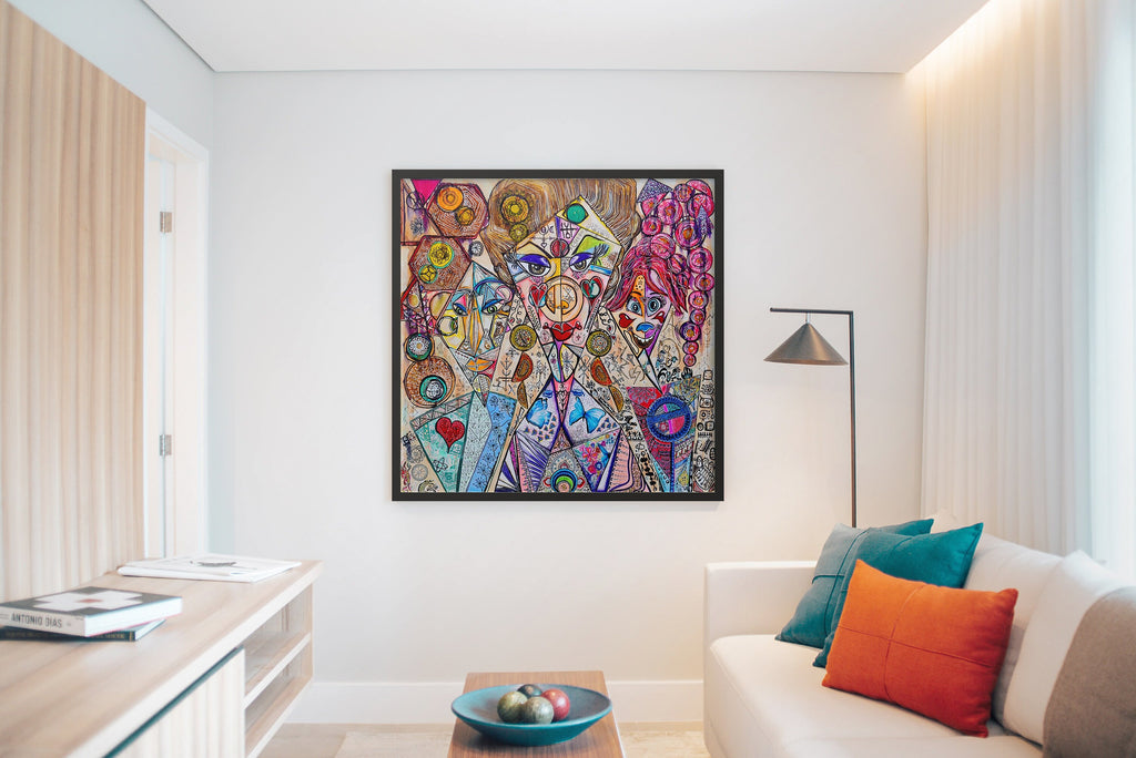 Trinity on a living room wall beside a floor lamp, showing the scale of the painting