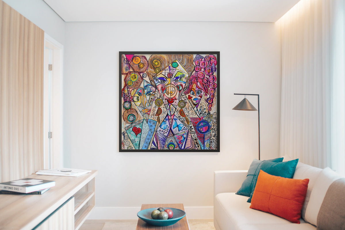 Trinity on a living room wall beside a floor lamp, showing the scale of the painting