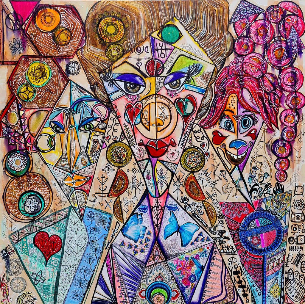 Trinity: full view of the square mixed media canvas, three sorceress figures built from interlocking triangles