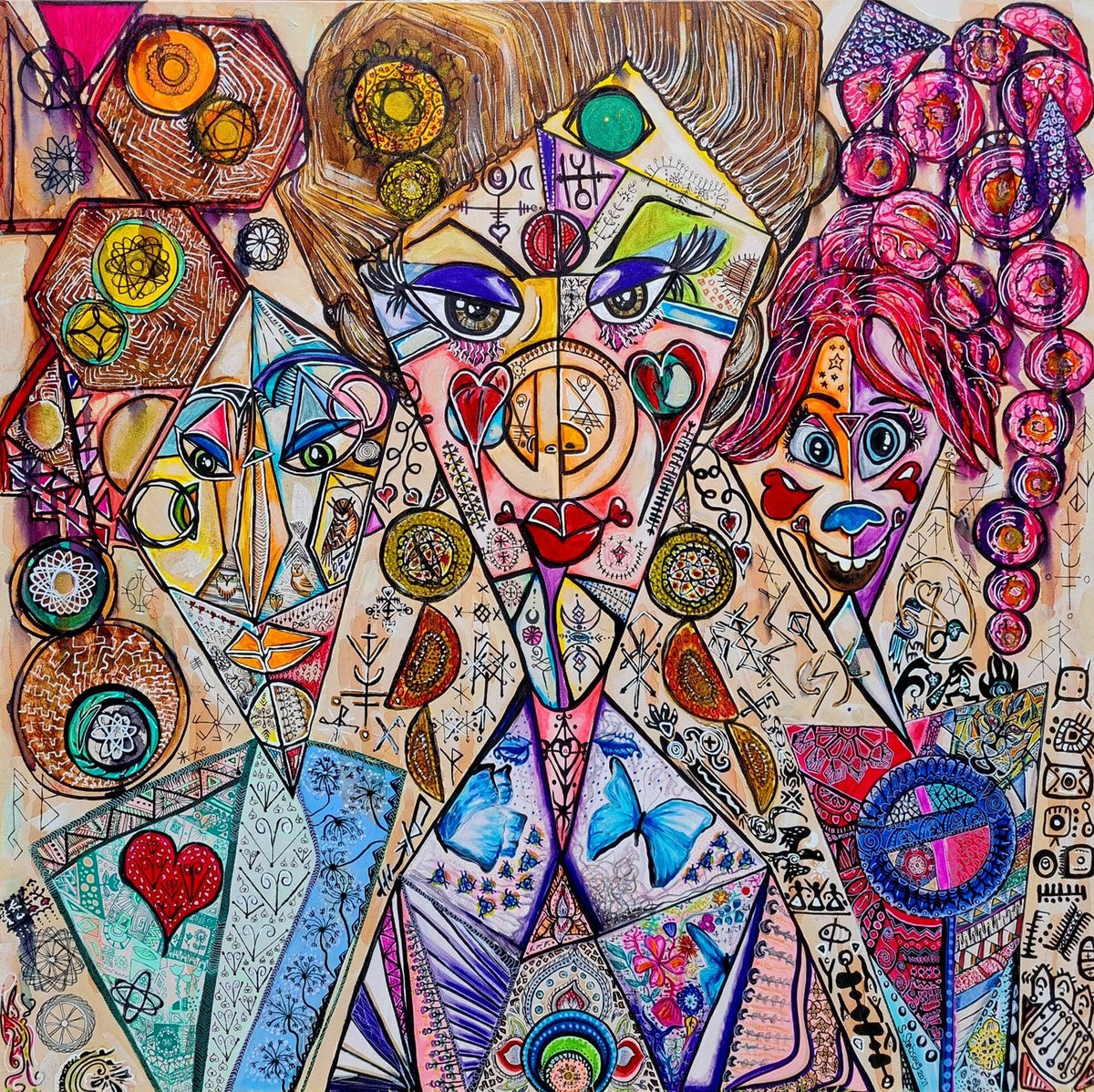 Trinity: full view of the square mixed media canvas, three sorceress figures built from interlocking triangles
